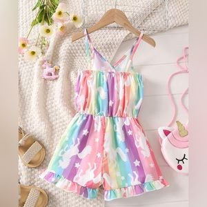 Rainbow Unicorn Romper with V-Neck and Ruffled Hem. Girls Summer Outfit